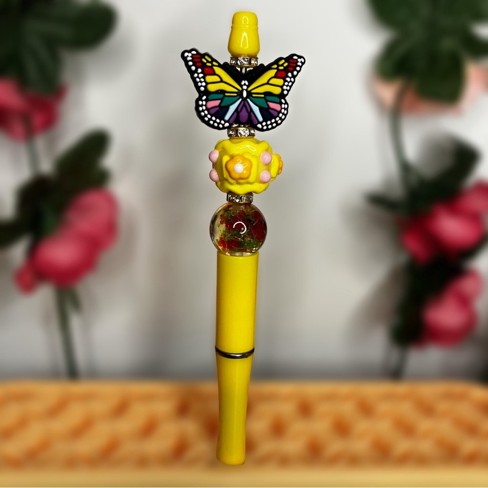Colorful Butterfly Yellow Handmade Beaded Pen with Handpainted & Floral Beads
